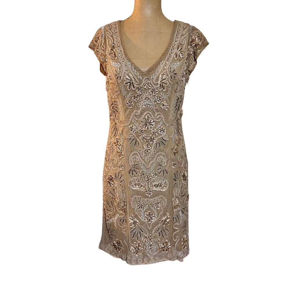 Sue Wong Vintage Mini Dress Beige Cap Sleeve Embroidered and Beaded size 6